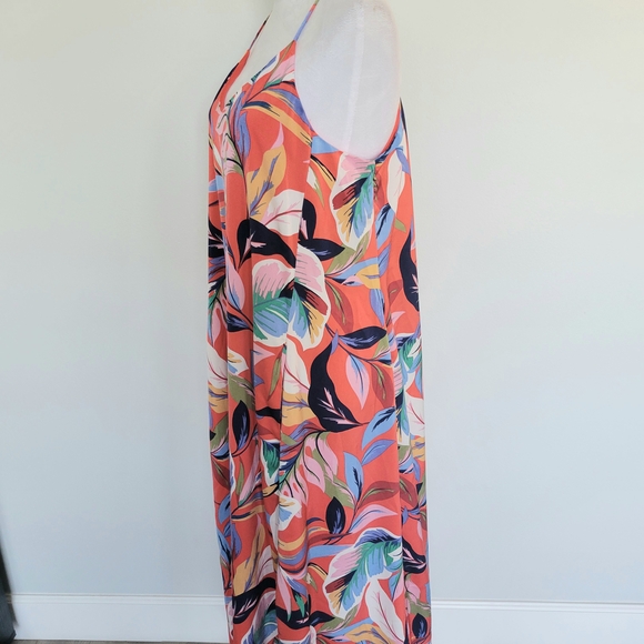 Nicole Miller Satin Multicolor Floral Pockets Straps Beach Maxi Dress Sz Large - Picture 5 of 13